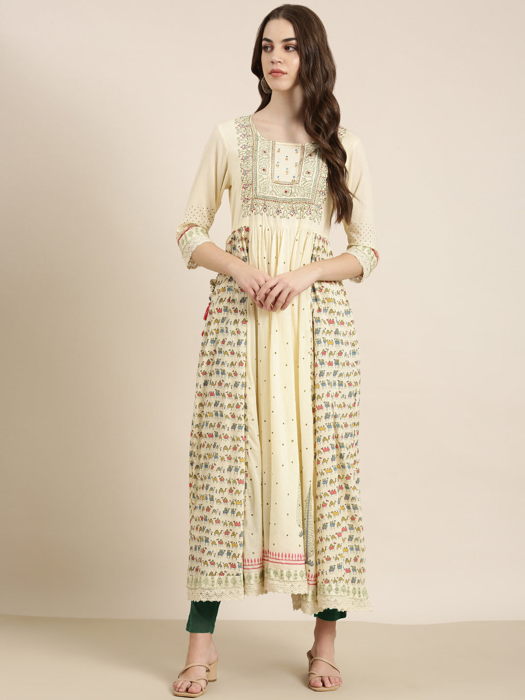 Women Cream Printed Anarkali Kurta