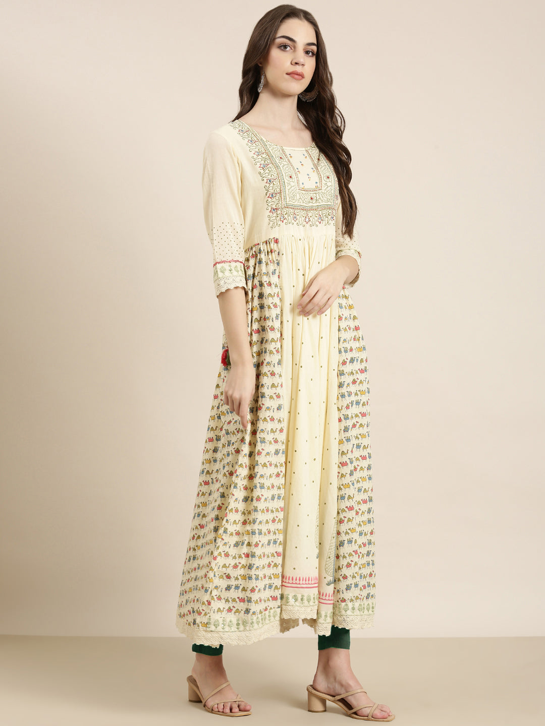 Women Cream Printed Anarkali Kurta