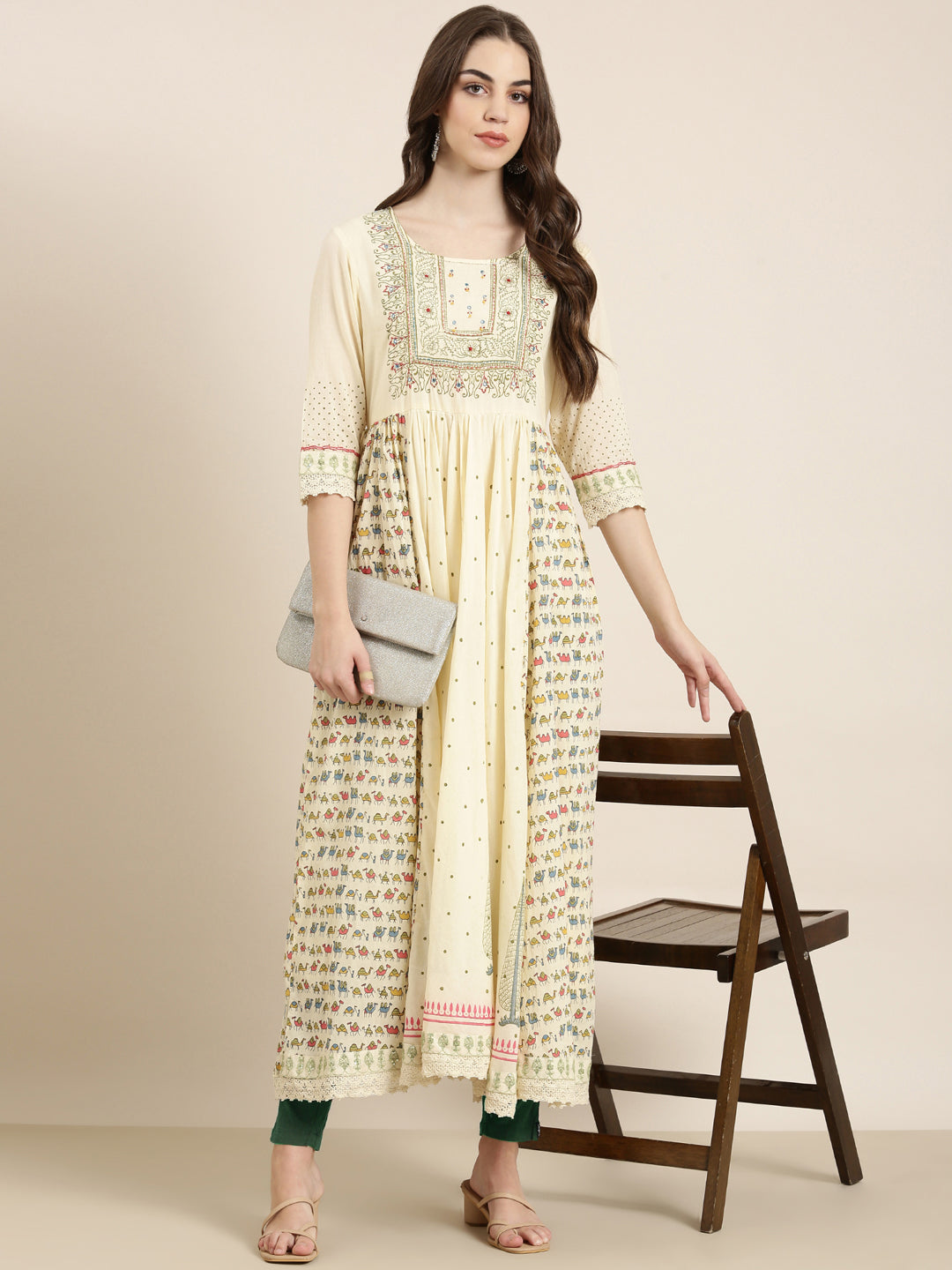 Women Cream Printed Anarkali Kurta