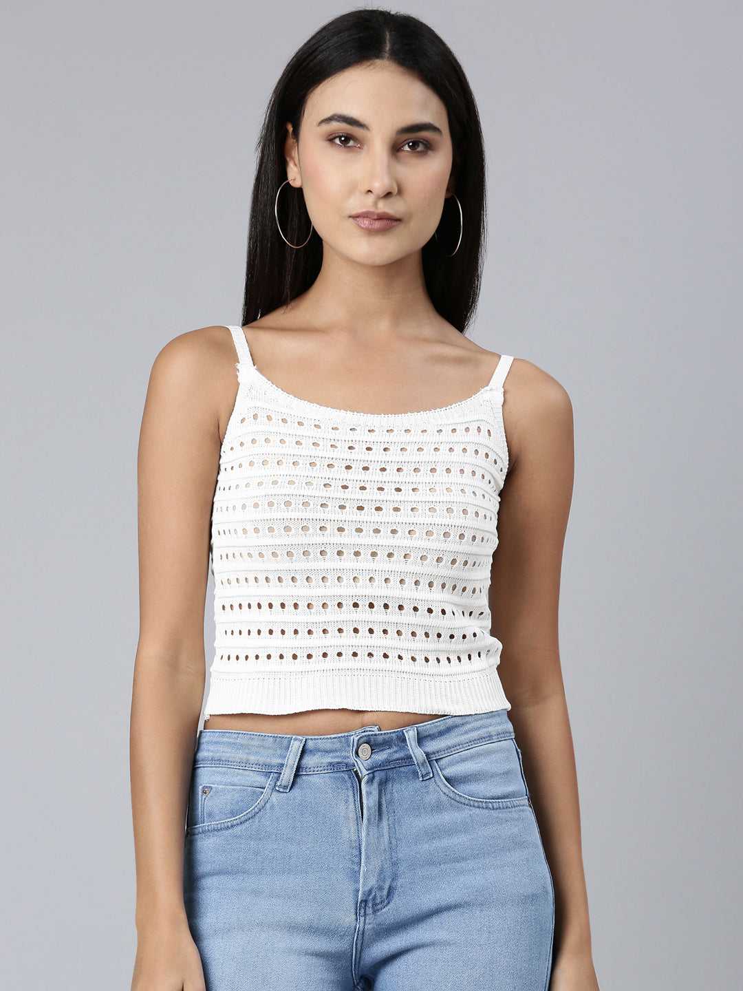 Women's White Textured Crop Top