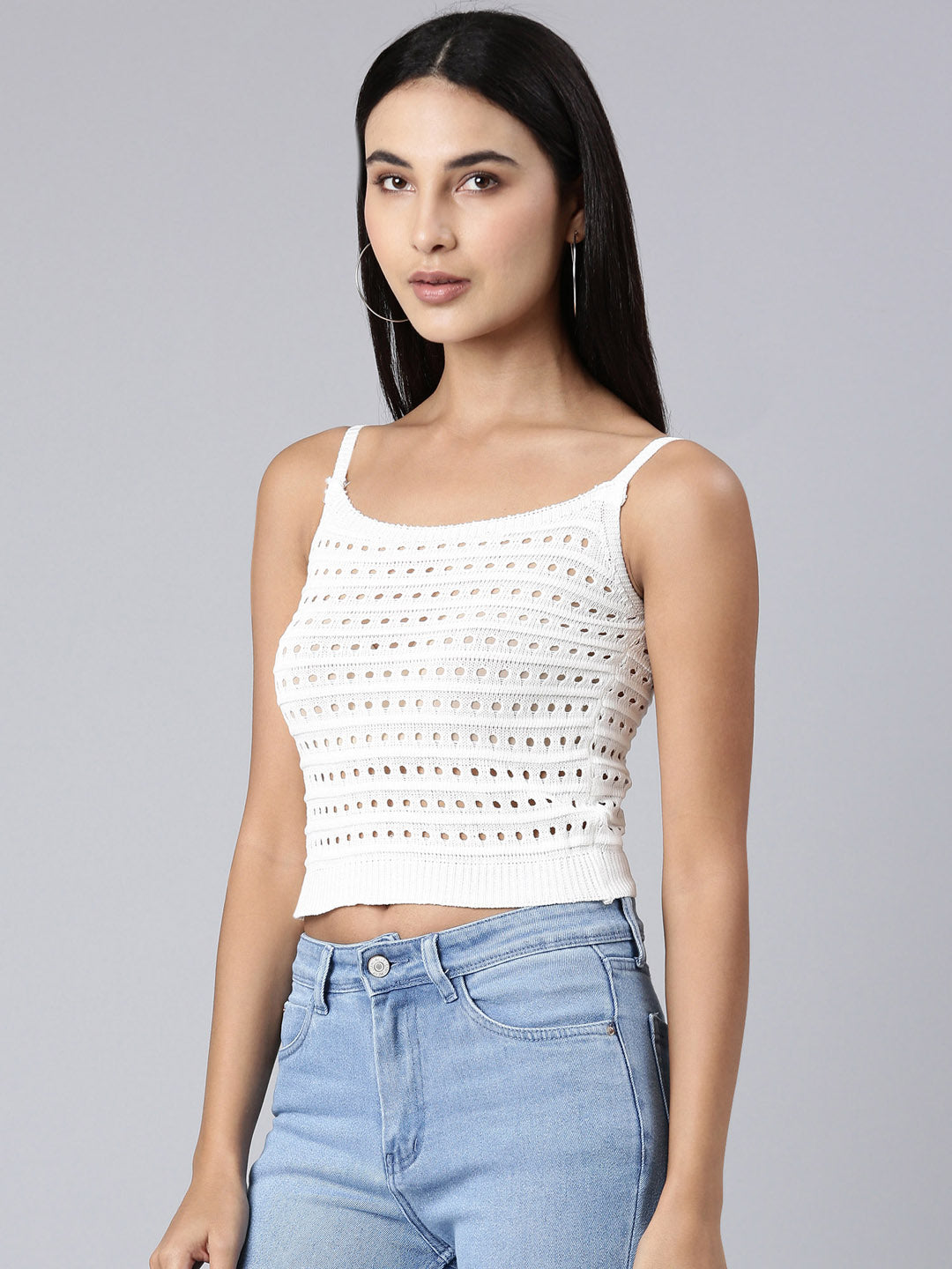 Women's White Textured Crop Top