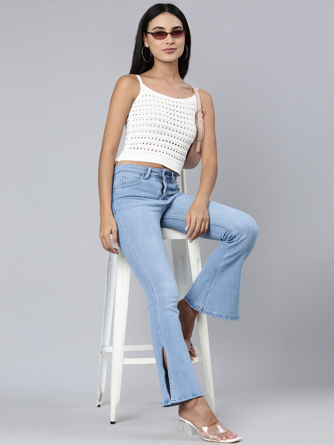 Women's White Textured Crop Top