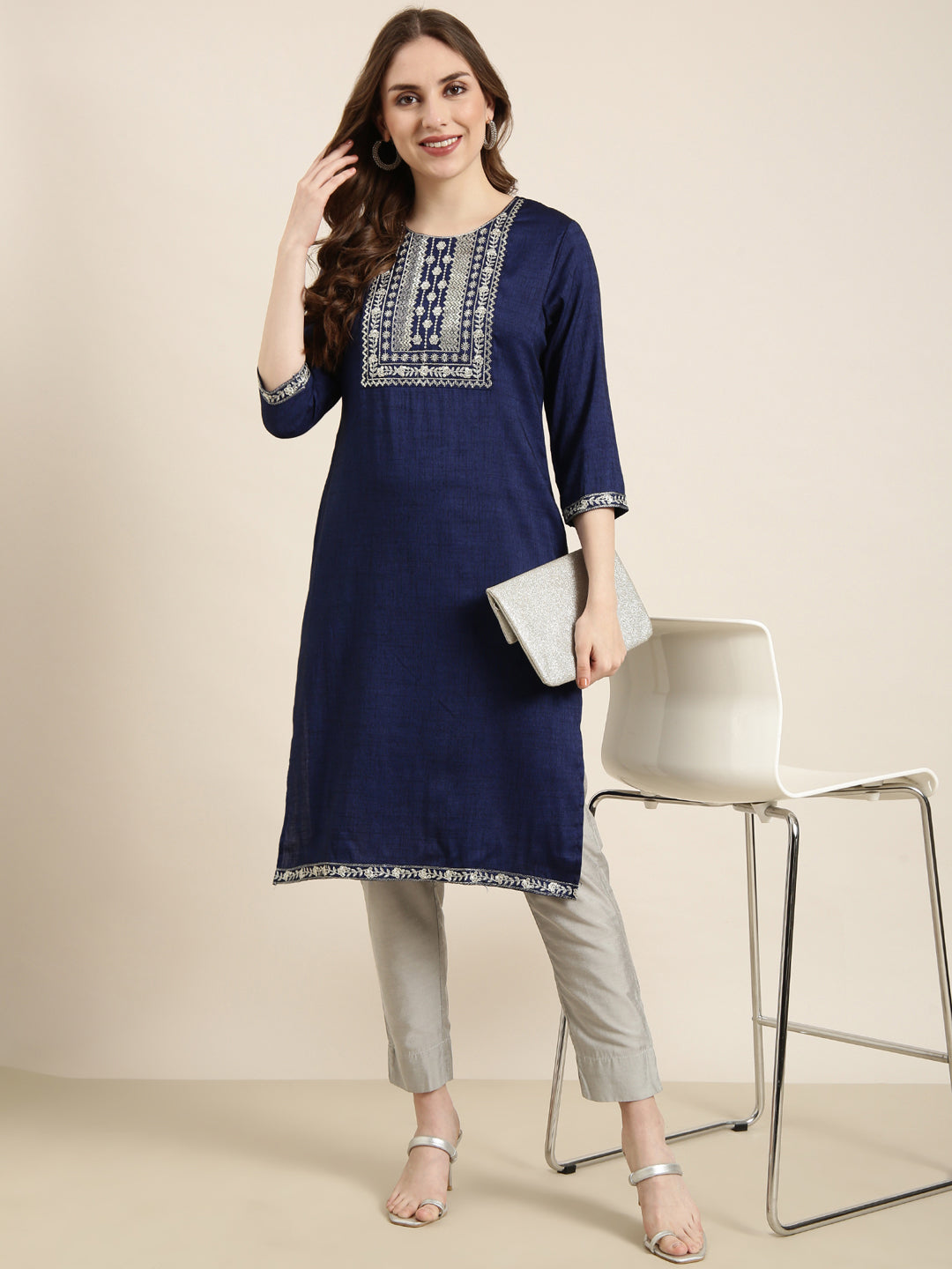 Women's Straight Navy Blue Solid Kurta