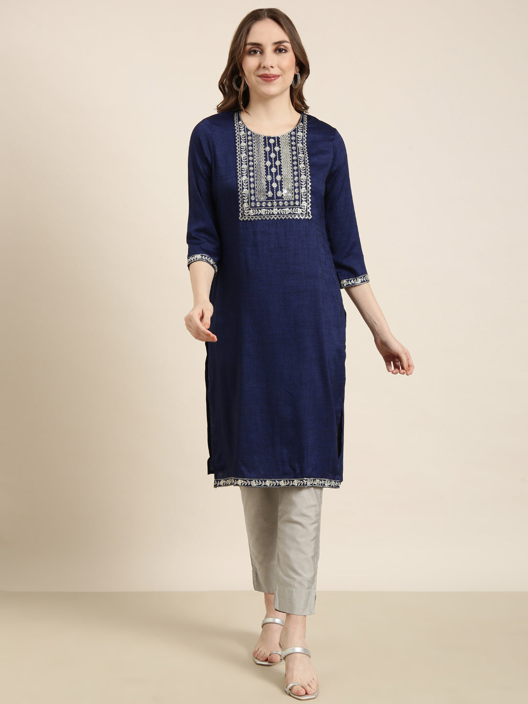 Women's Straight Navy Blue Solid Kurta