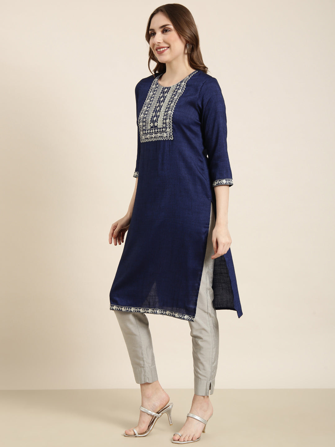 Women's Straight Navy Blue Solid Kurta