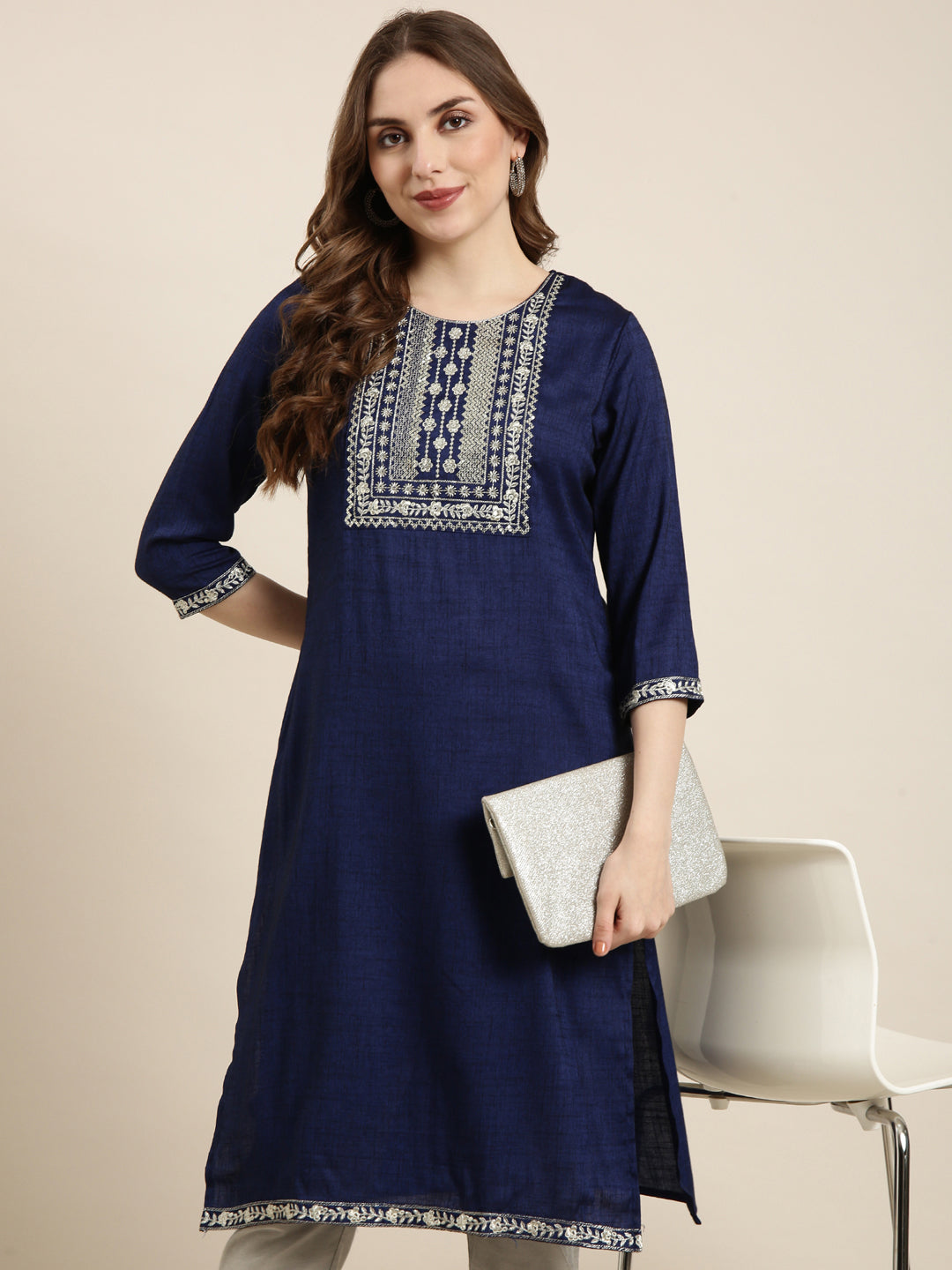 Women's Straight Navy Blue Solid Kurta