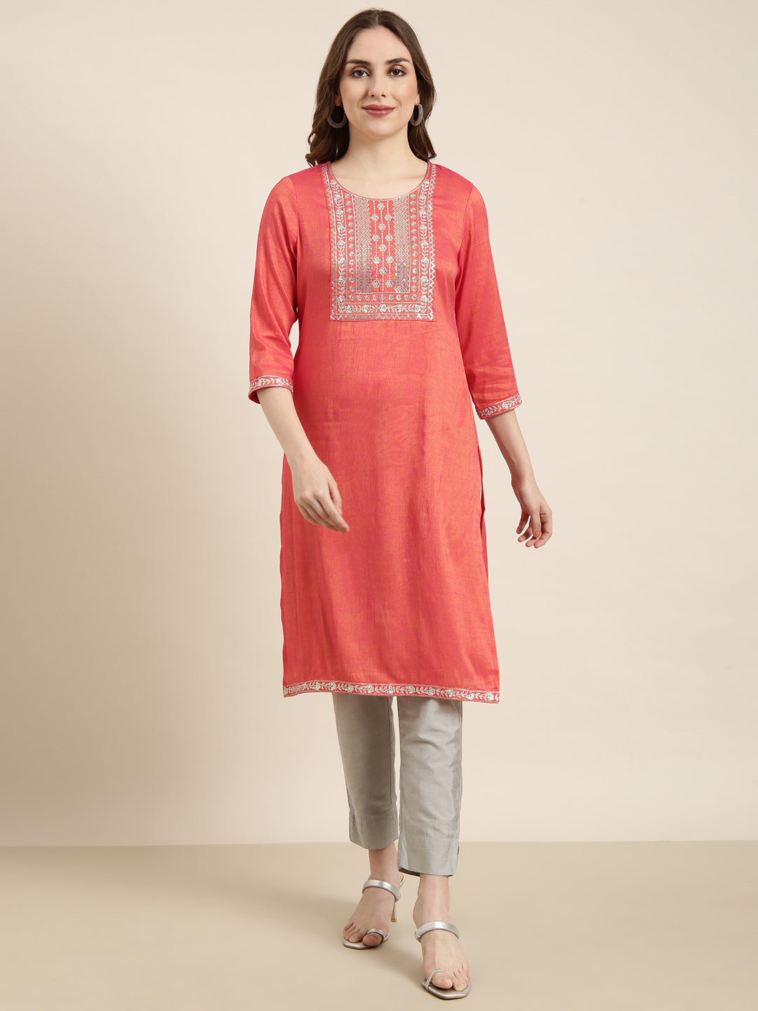 Women's Straight Peach Solid Kurta