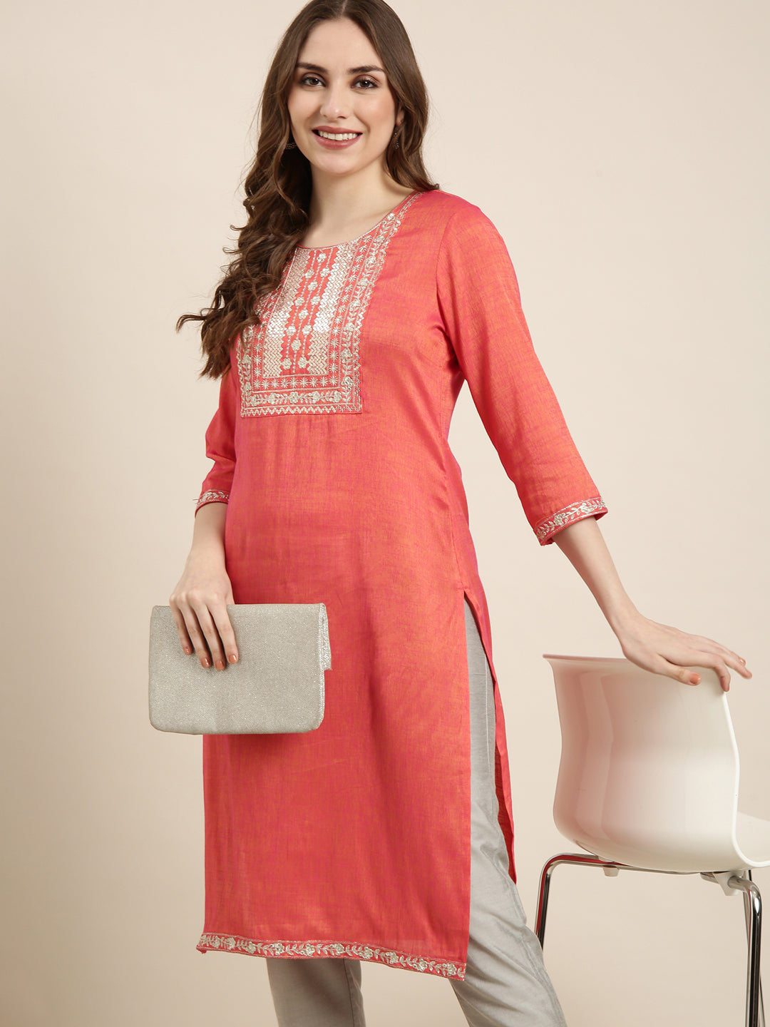 Women's Straight Peach Solid Kurta