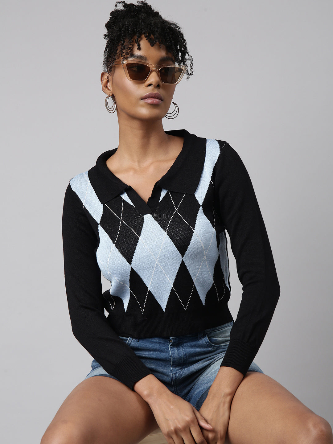 Women Black Checked Fitted Crop Top