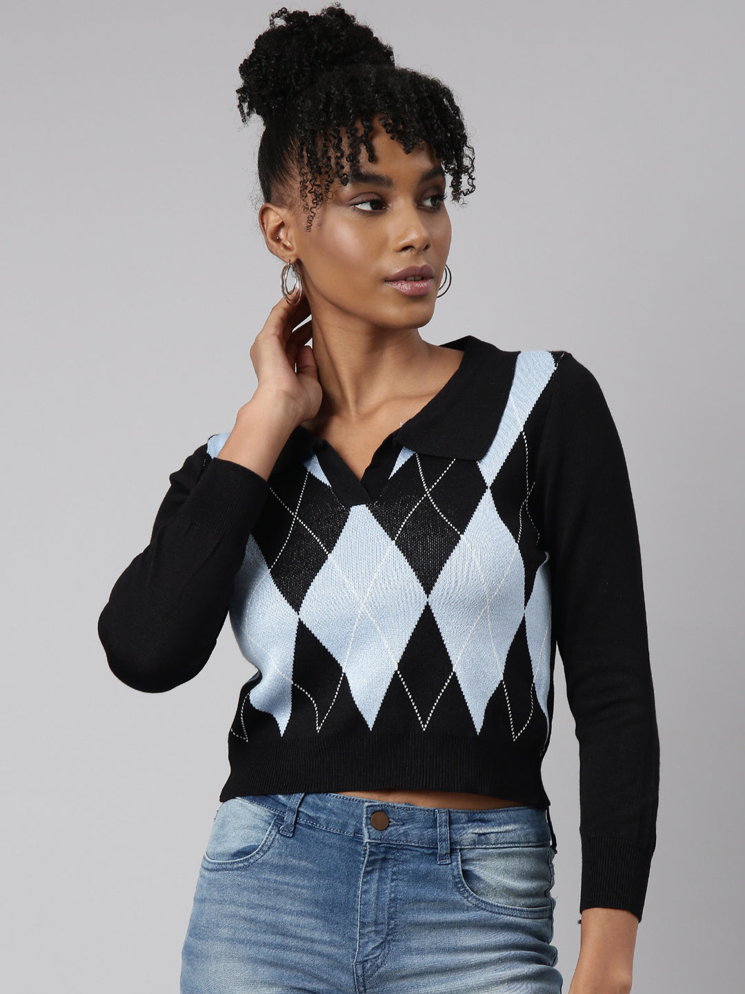 Women Black Checked Fitted Crop Top