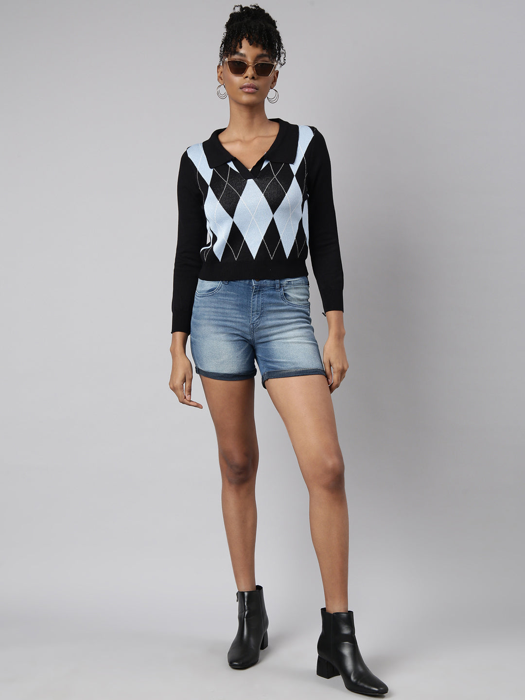 Women Black Checked Fitted Crop Top