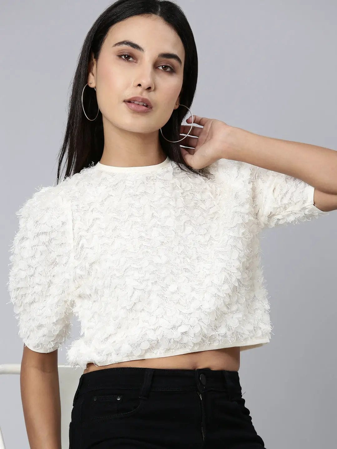 Women's Cream Solid Crop Top