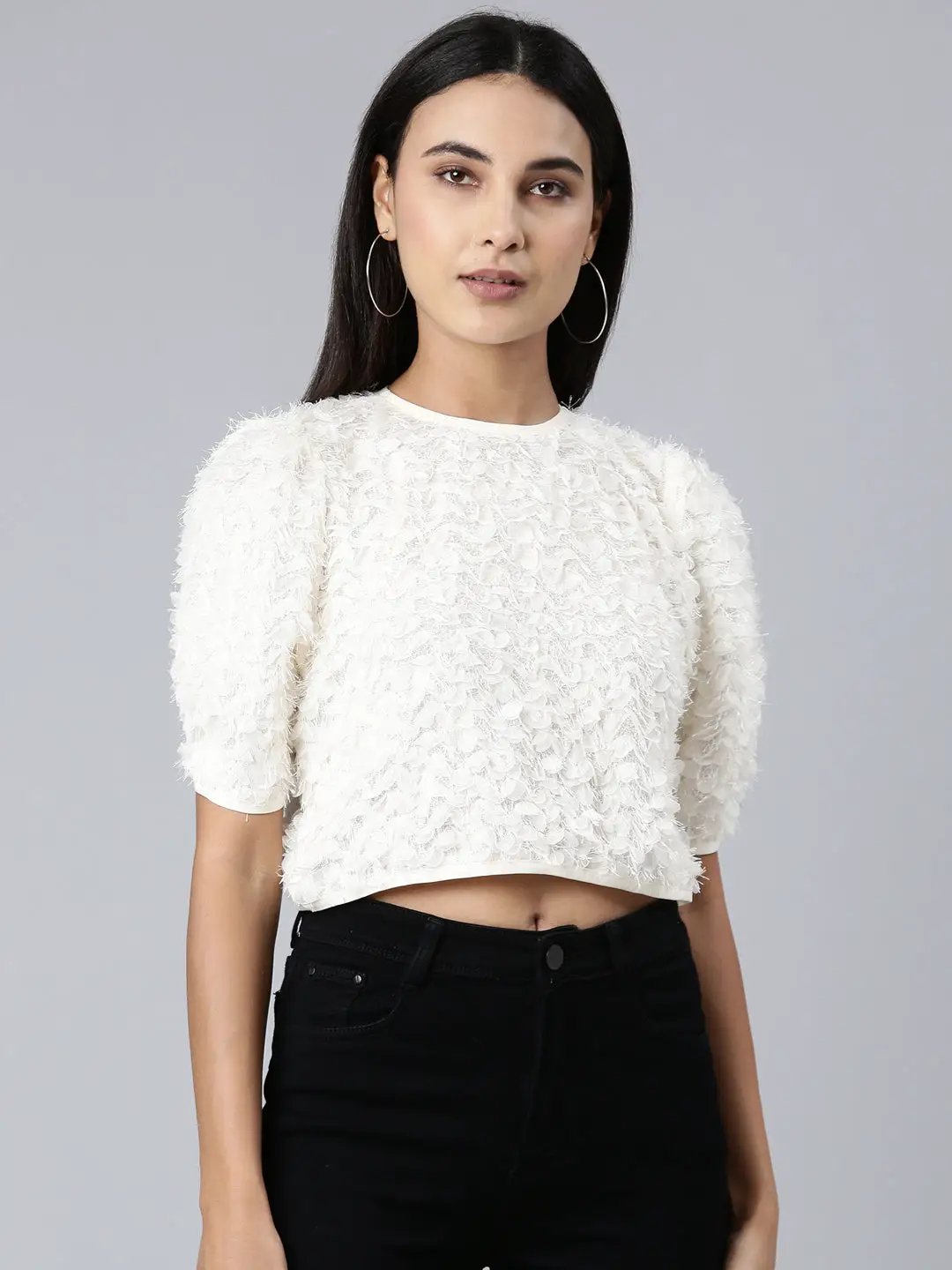 Women's Cream Solid Crop Top