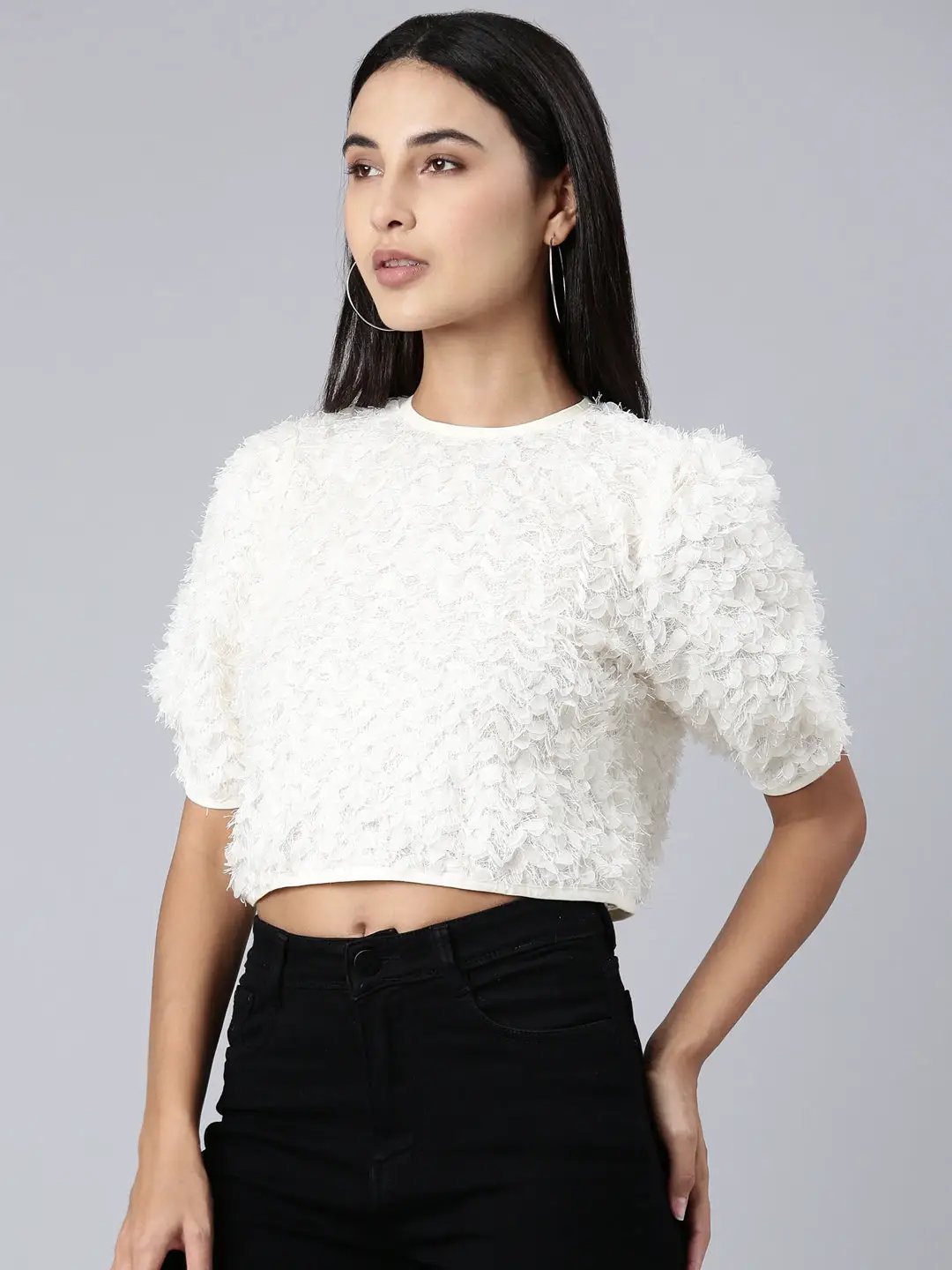 Women's Cream Solid Crop Top