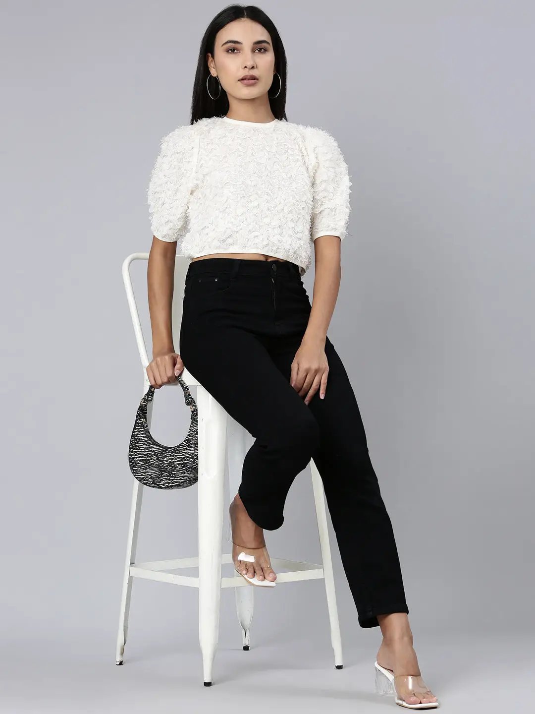 Women's Cream Solid Crop Top