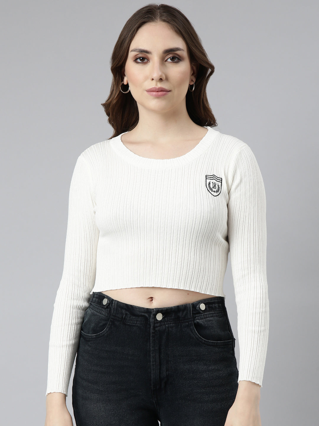 Women Off White Solid Fitted Crop Top