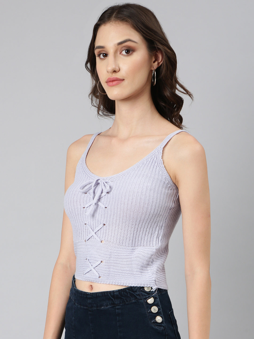 Women's Lavender Self Design Shoulder Straps Striped Crop Top
