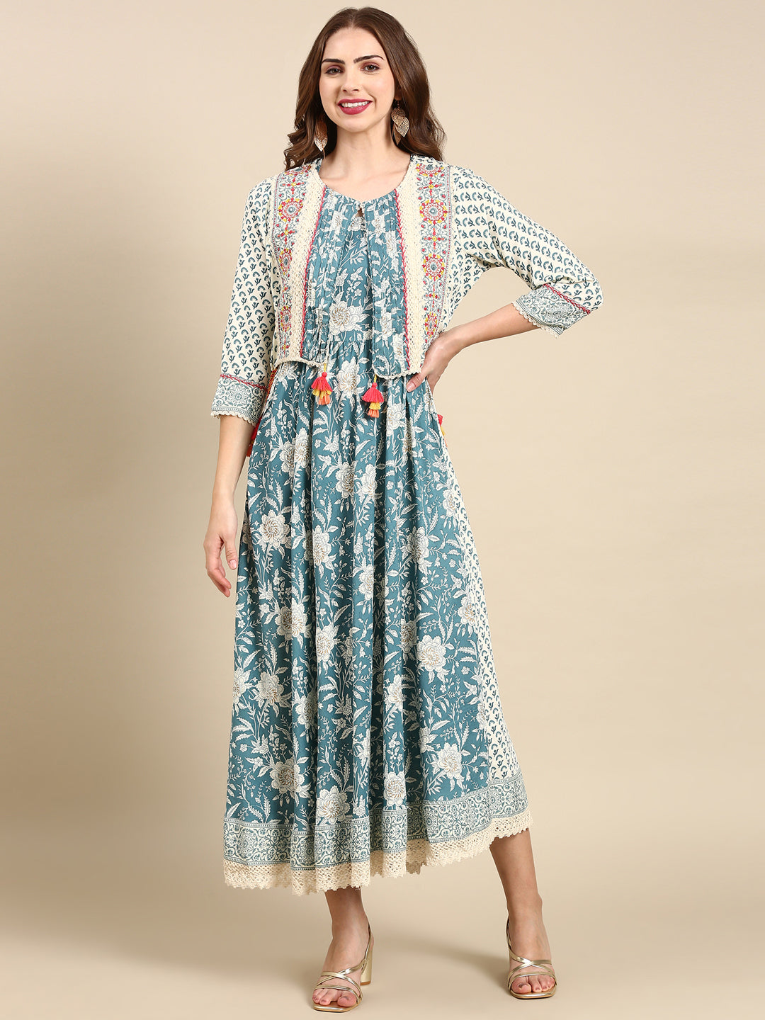 Women's Teal Floral Anarkali Kurta