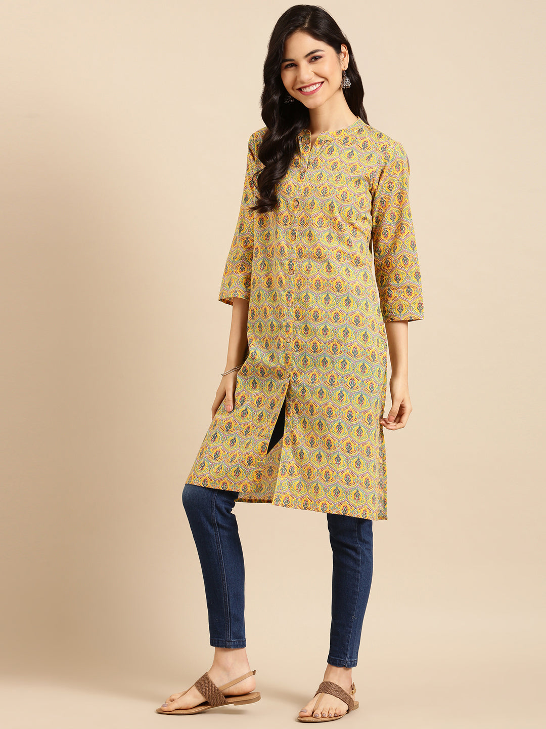 Women's Yellow Printed Straight Kurta