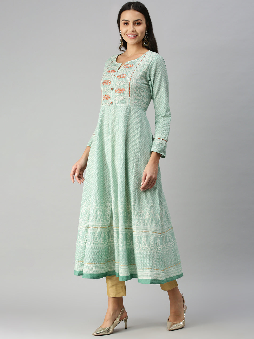 Women's Teal Floral Khatwa Anarkali Kurta