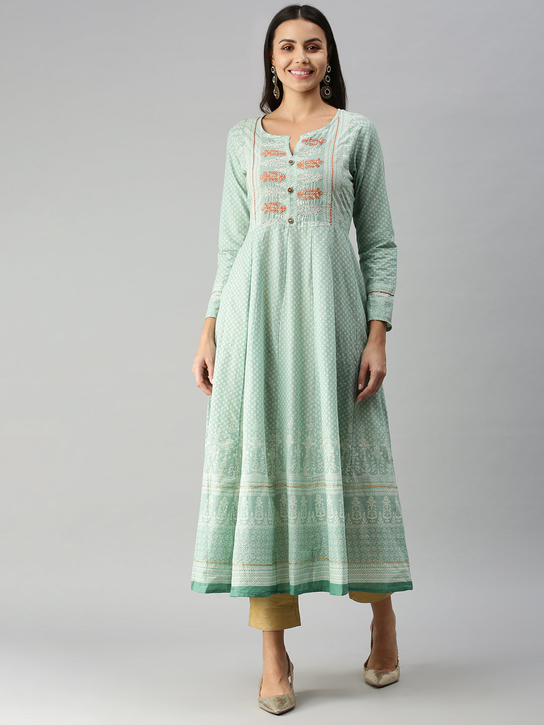 Women's Teal Floral Khatwa Anarkali Kurta