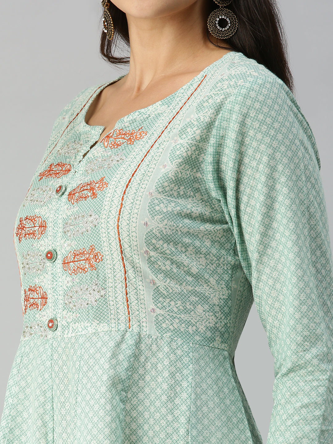 Women's Teal Floral Khatwa Anarkali Kurta