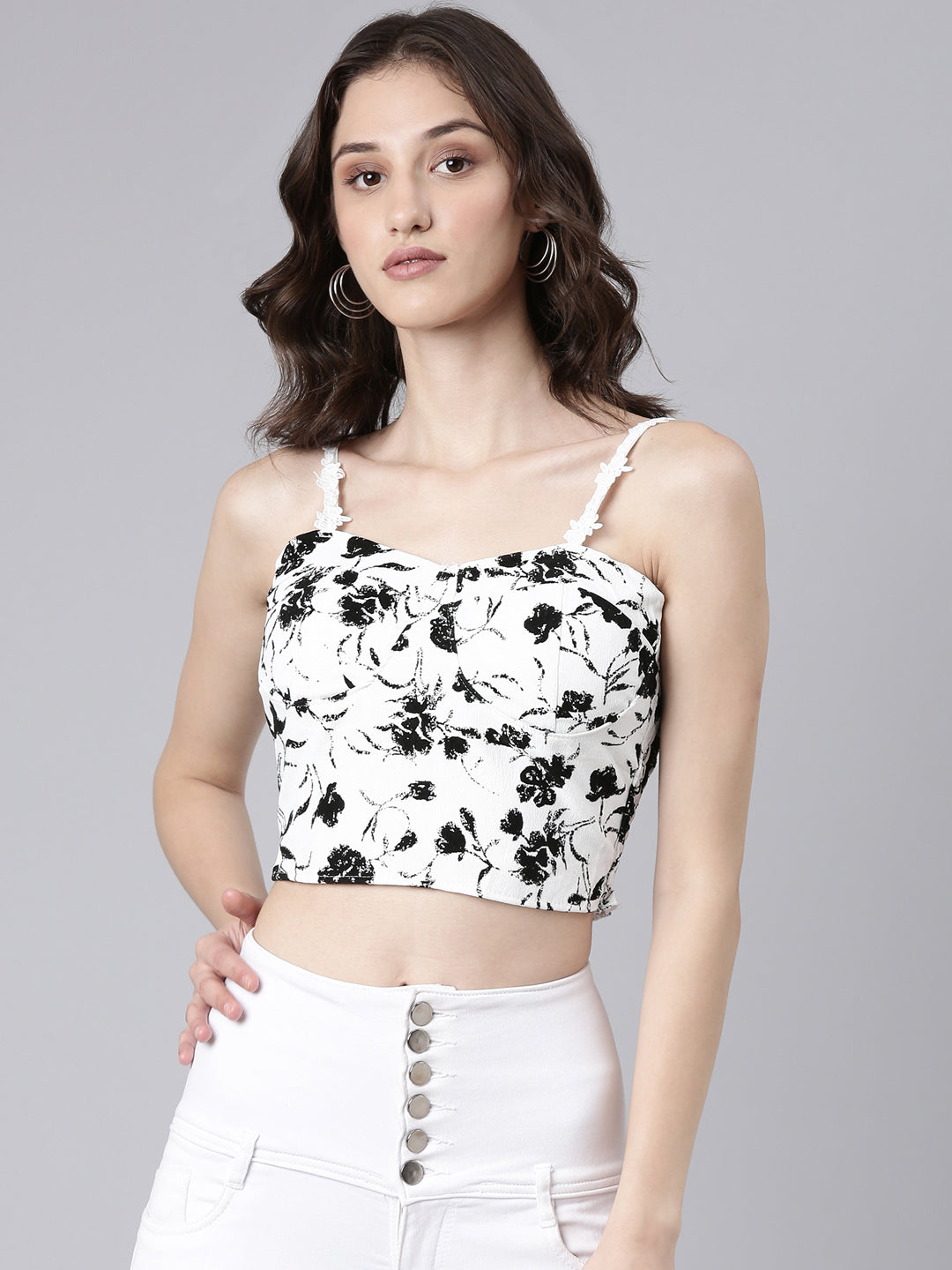 Women White Floral Bralette Crop Top