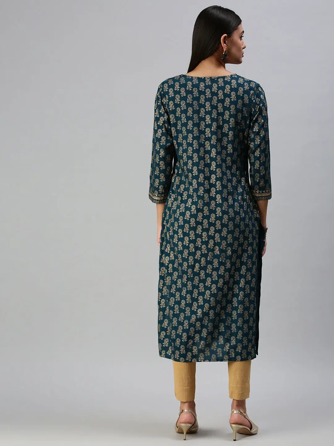 Women's Navy Blue Printed Straight Kurta