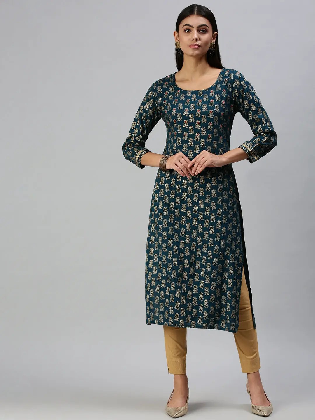 Women's Navy Blue Printed Straight Kurta
