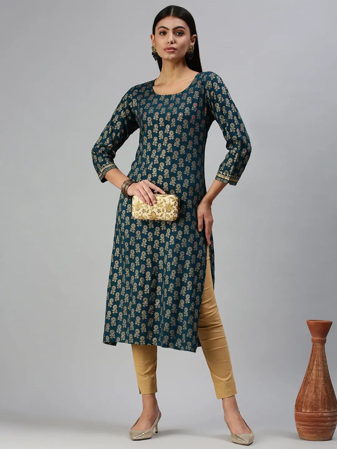 Women's Navy Blue Printed Straight Kurta