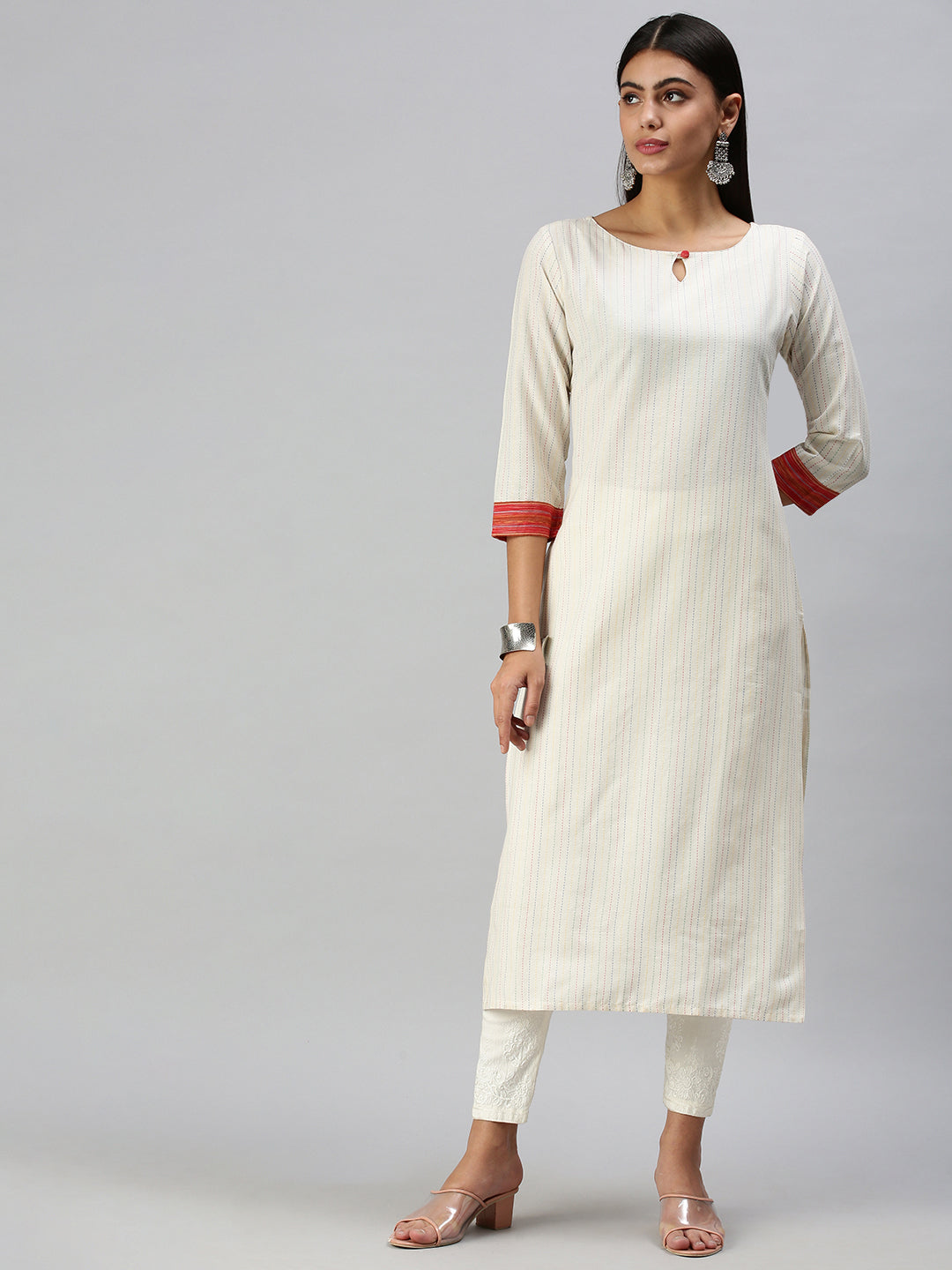 Women's White Striped Straight Kurta