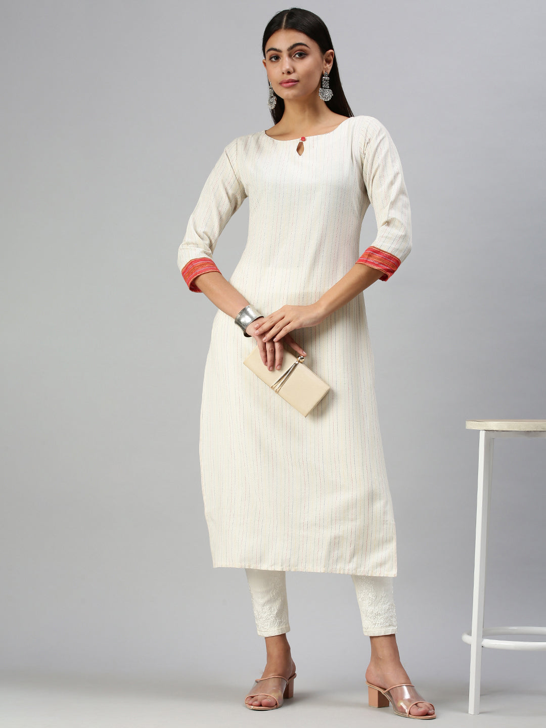 Women's White Striped Straight Kurta