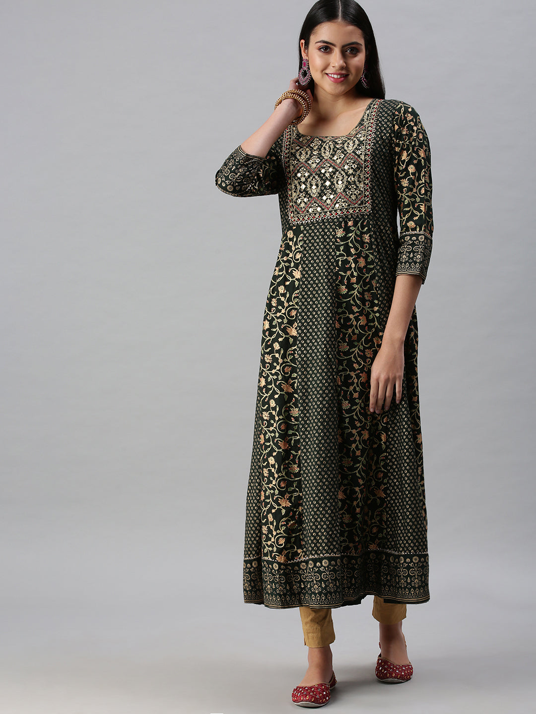 Women's Green & Gold Printed Anarkali Kurta