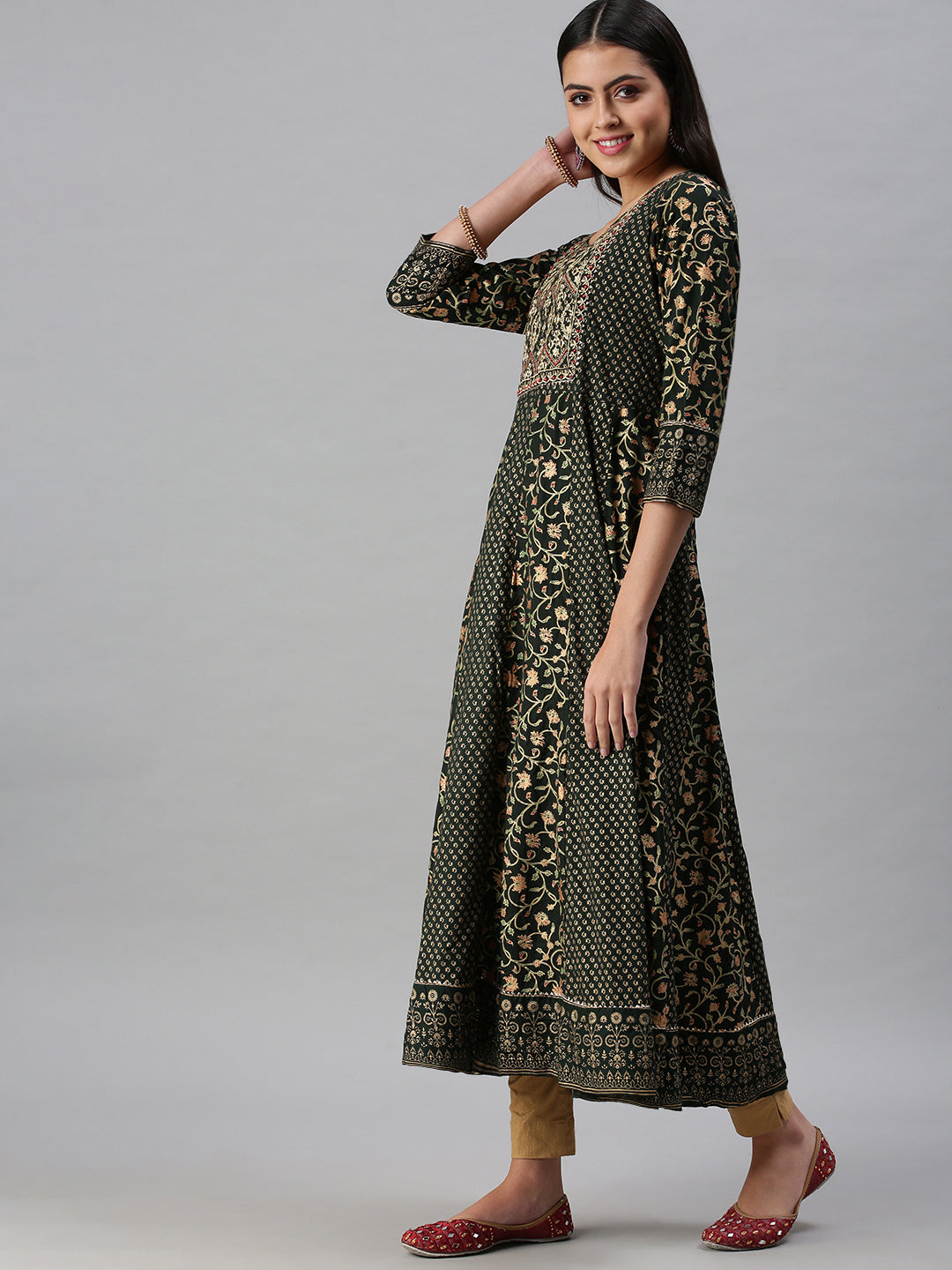 Women's Green & Gold Printed Anarkali Kurta