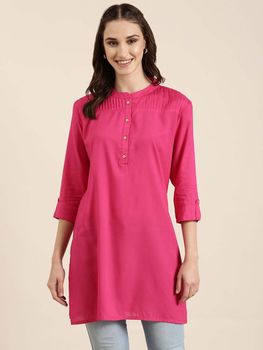 Women Fuchsia Solid Straight Kurti