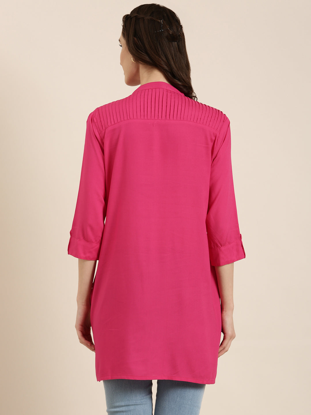 Women Fuchsia Solid Straight Kurti