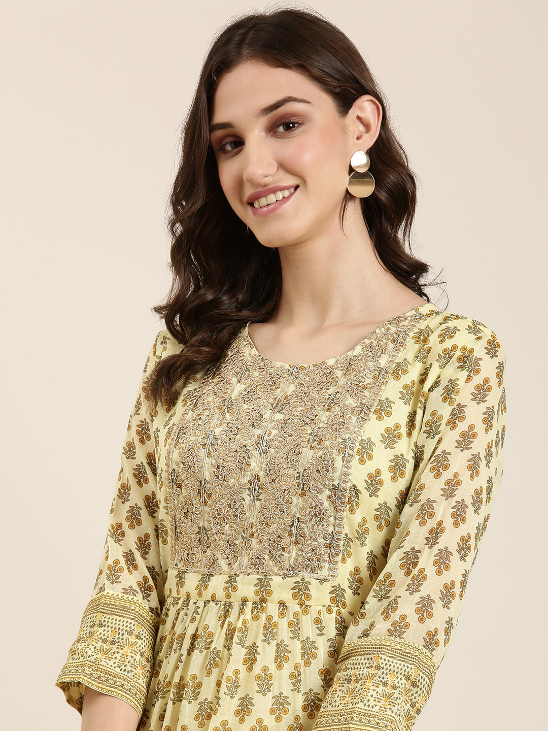 Women's Yellow Floral Printed Scoop Neck Anarkali Kurta