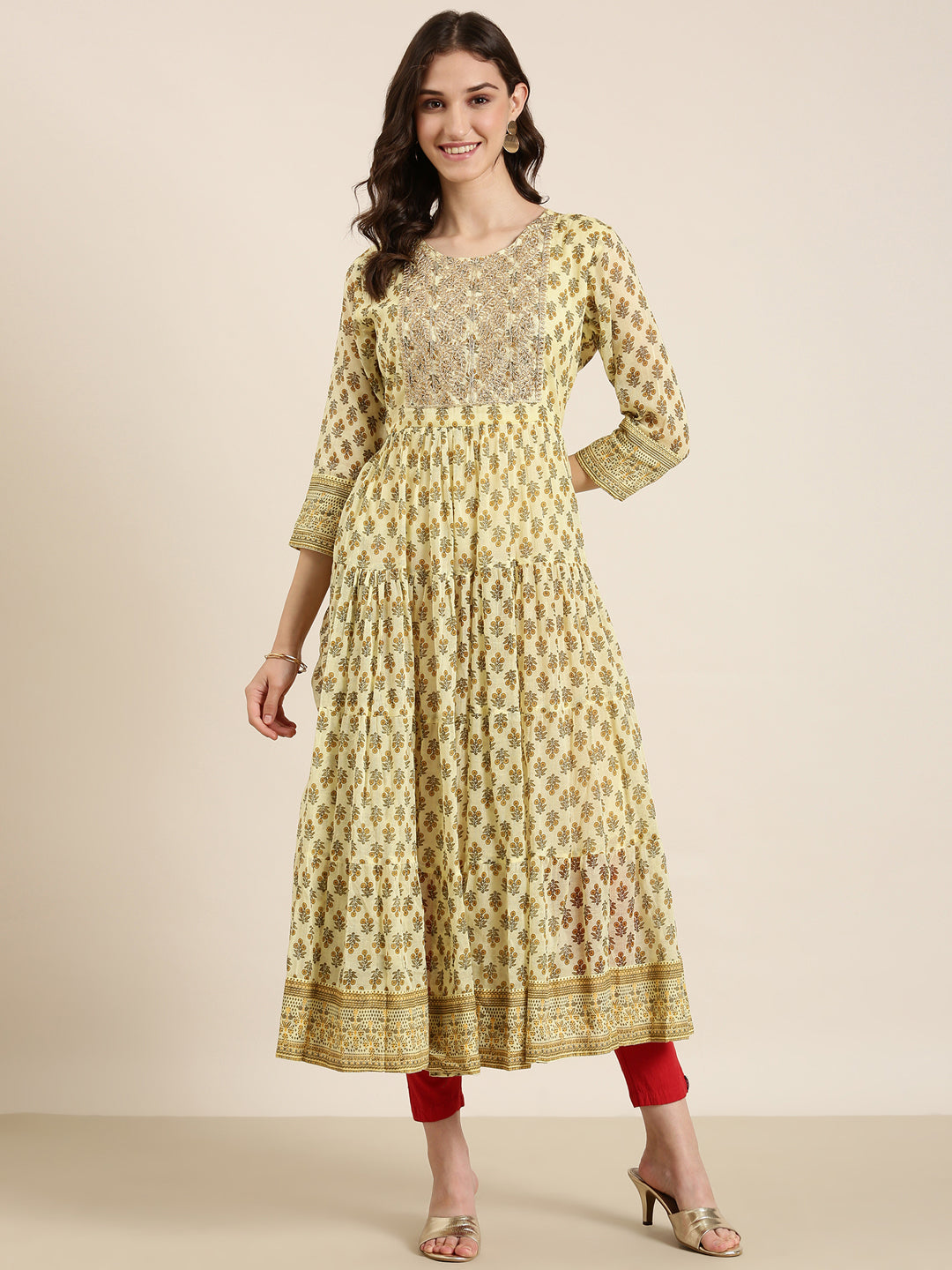 Women's Yellow Floral Printed Scoop Neck Anarkali Kurta