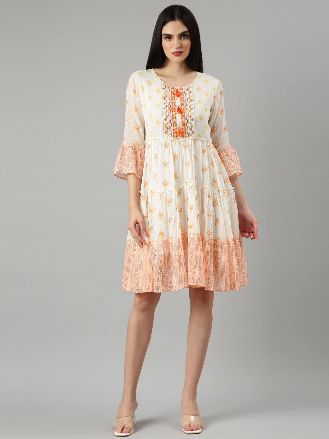 Women Off White Printed Fit and Flare Dress