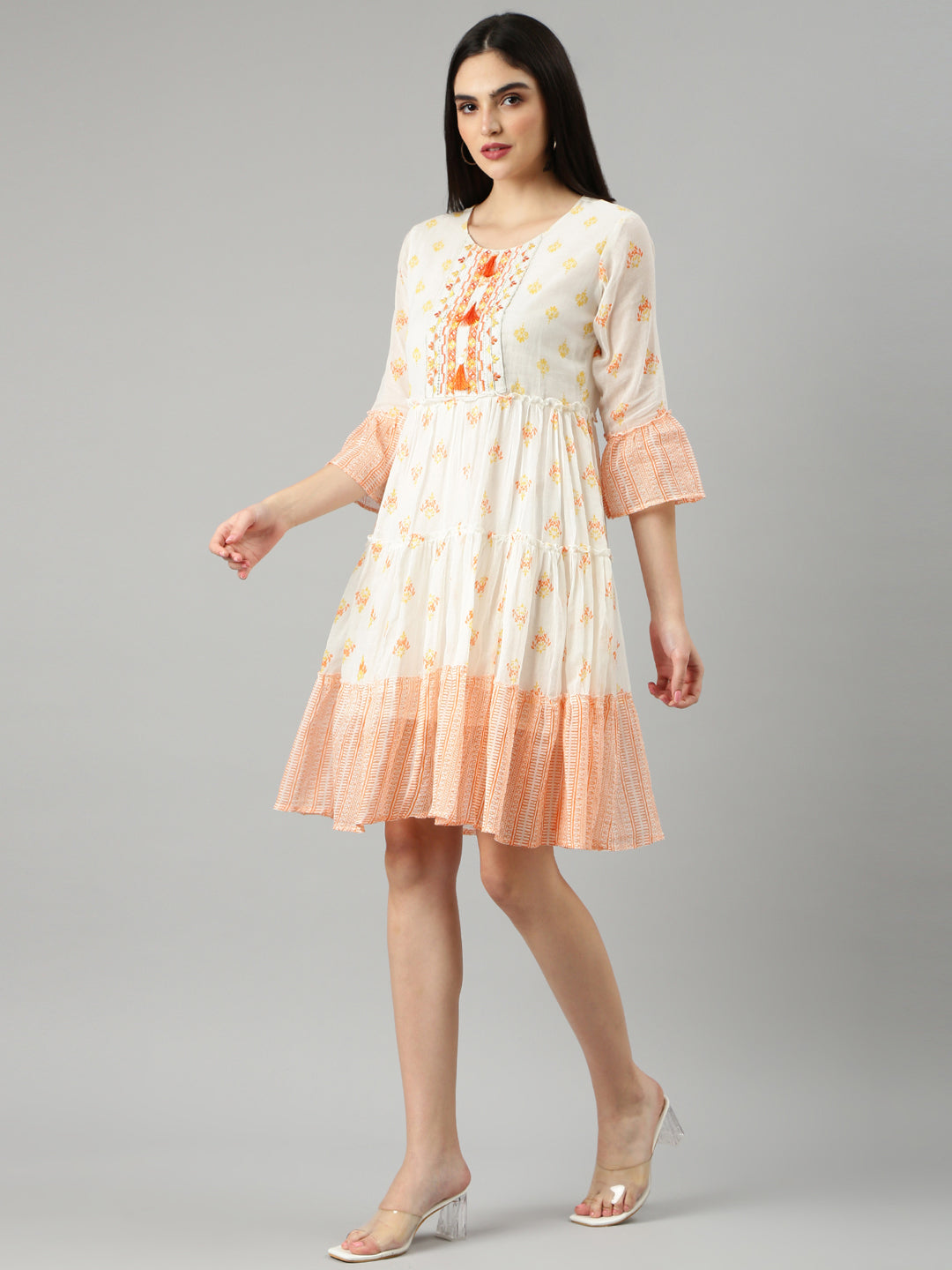 Women Off White Printed Fit and Flare Dress