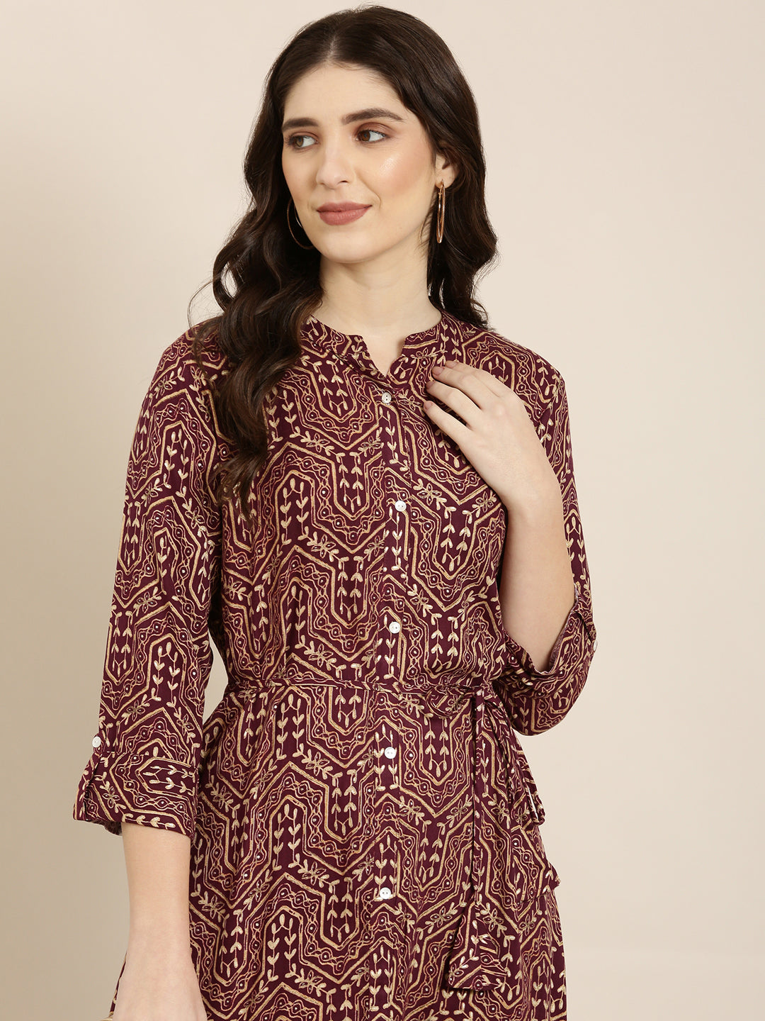 Women Burgundy Geometrical A-Line Kurta