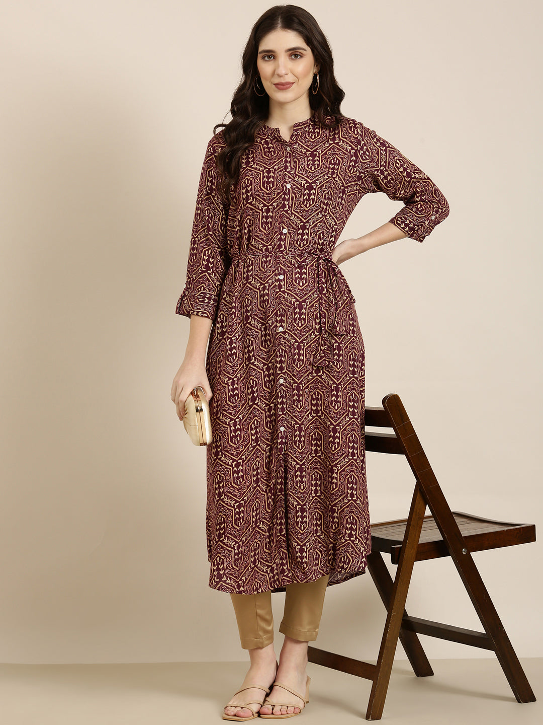 Women Burgundy Geometrical A-Line Kurta