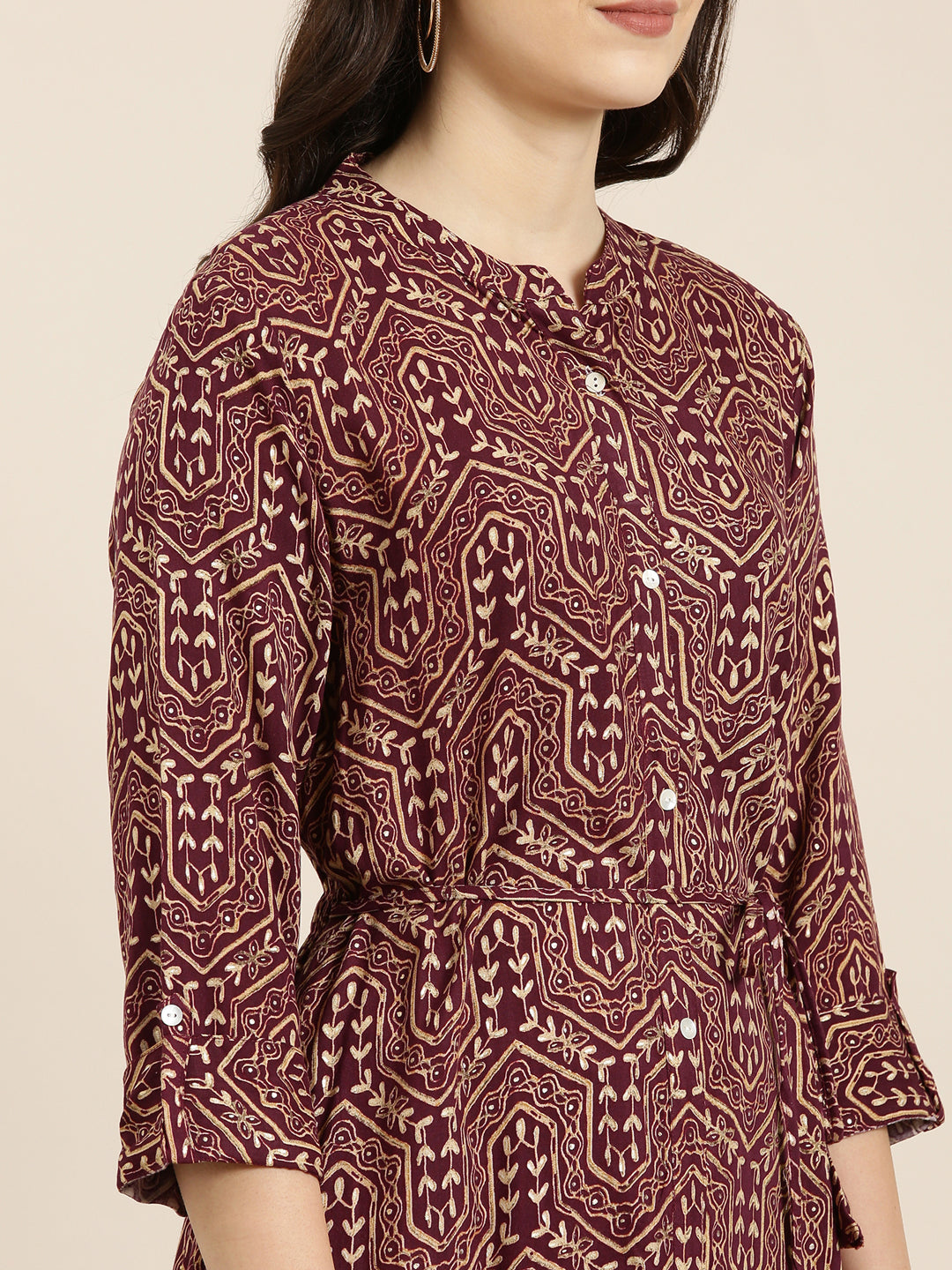 Women Burgundy Geometrical A-Line Kurta