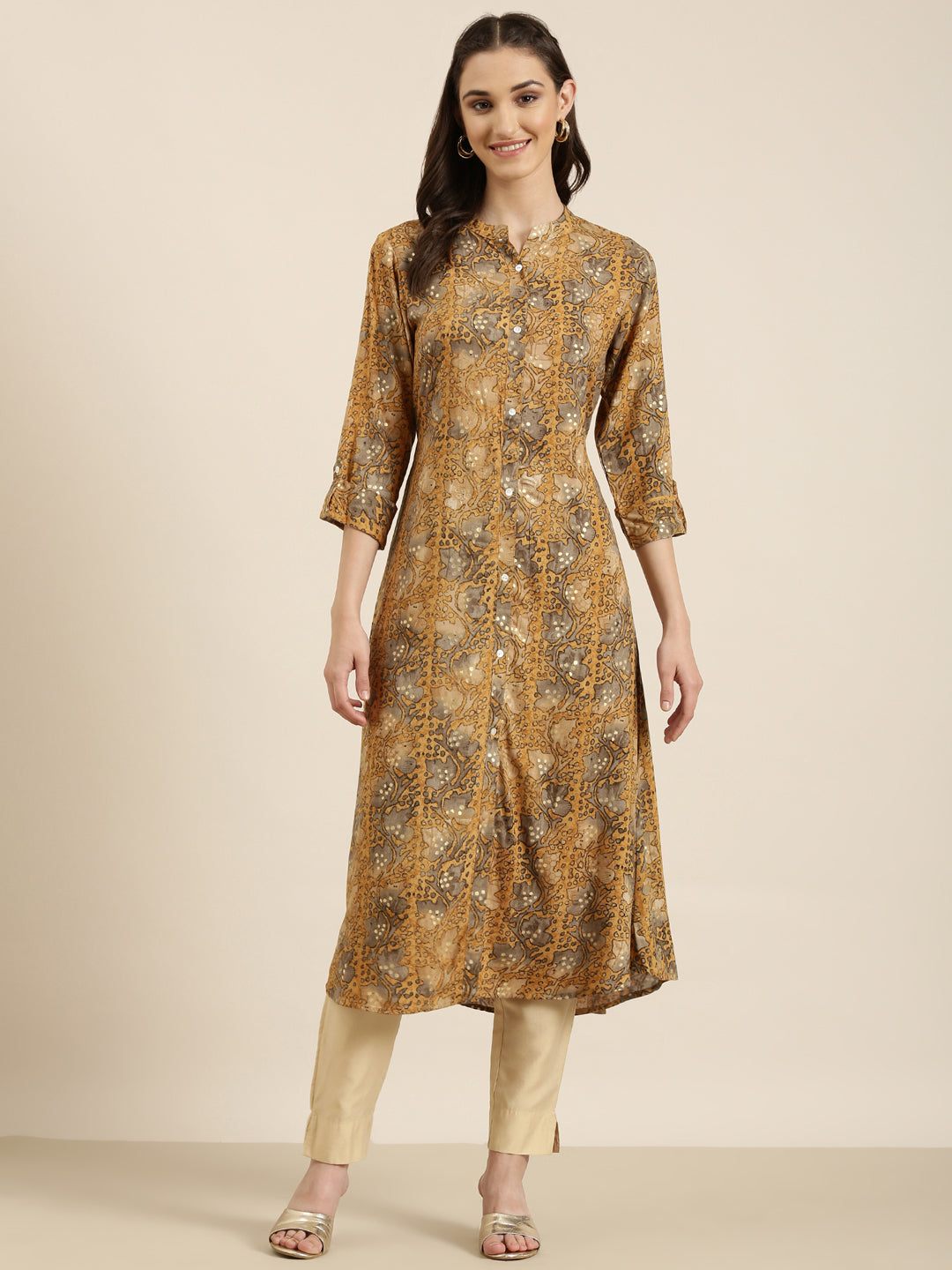 Women Mustard Printed A-Line Kurta