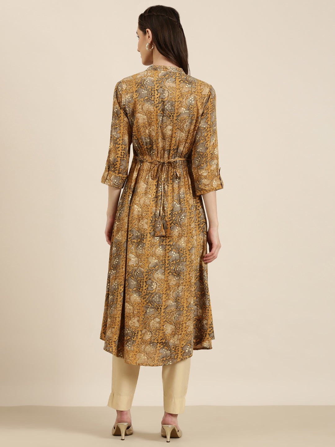 Women Mustard Printed A-Line Kurta