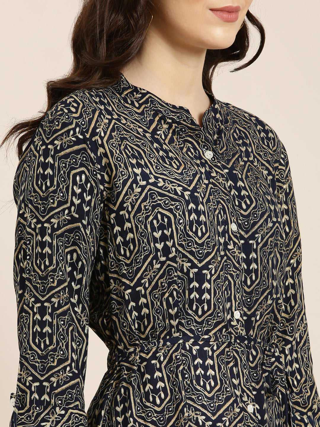 Women Navy Blue Geometrical A-Line Kurta