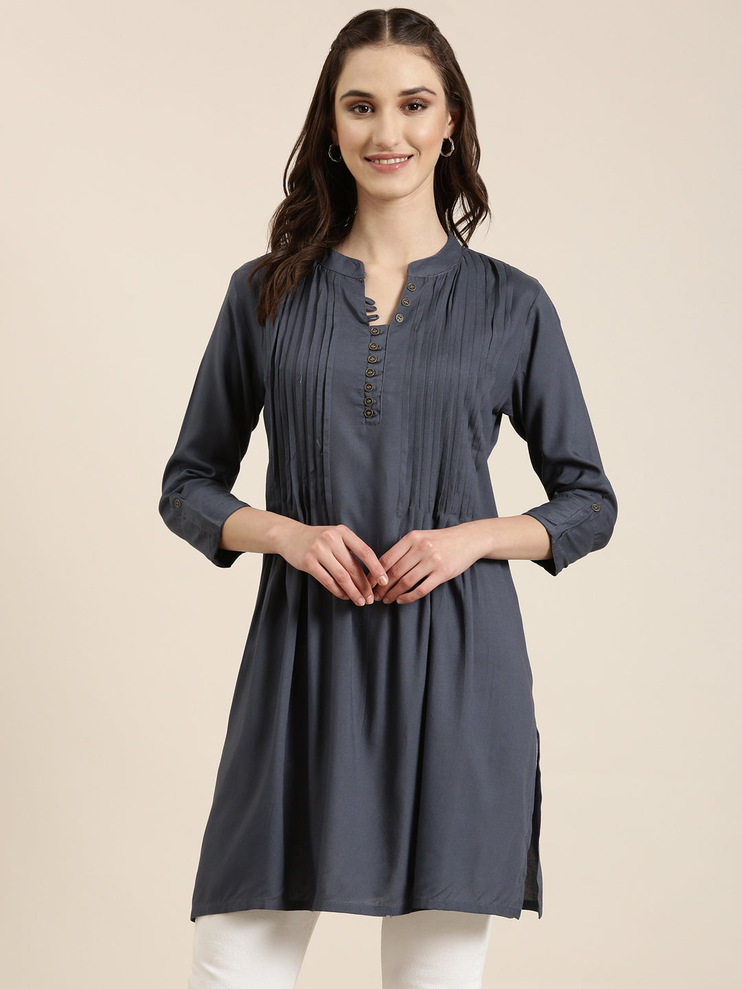 Women's Grey Solid A-Line Kurti