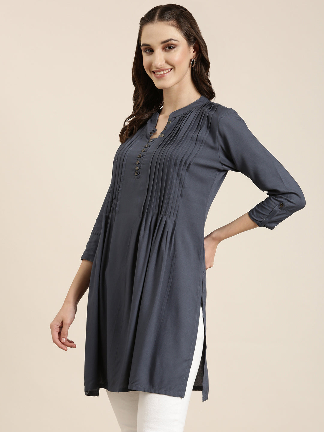 Women's Grey Solid A-Line Kurti