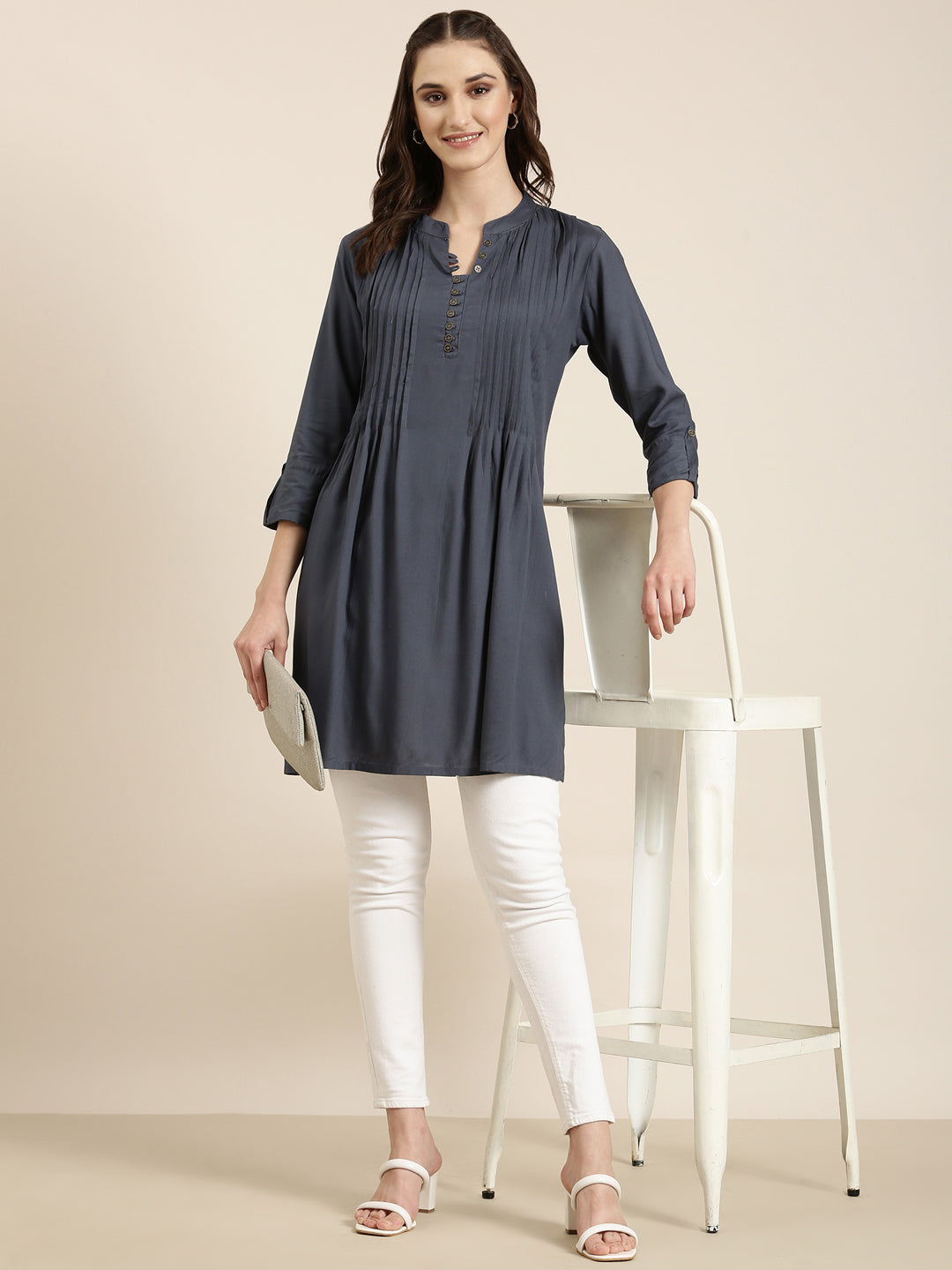 Women's Grey Solid A-Line Kurti