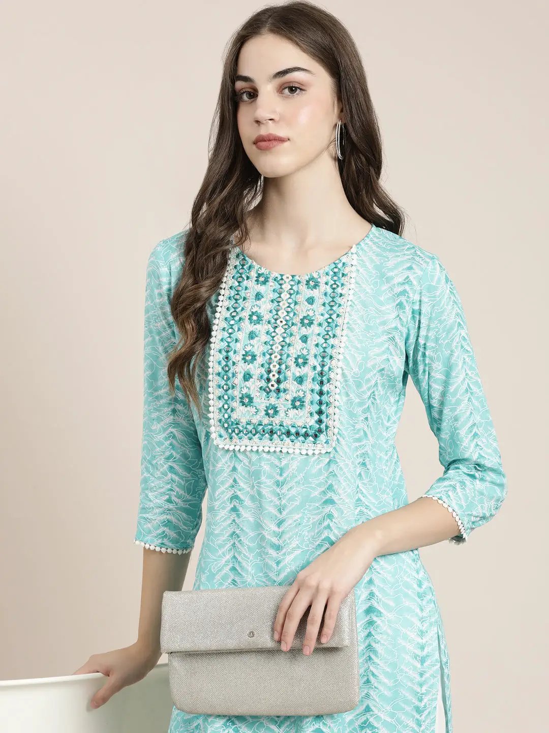Women's Turquoise Blue Chevron Kurta Set